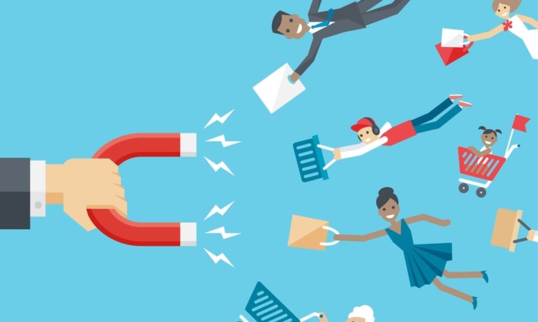 Imagen de un imán atrayendo clientes, simbolizando el poder de la fidelización y cómo las ofertas atractivas atraen y retienen a los consumidores.